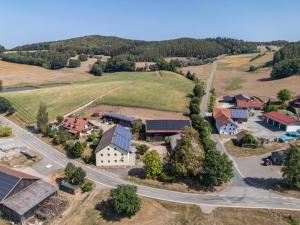 an aerial view of a small village with a road at Fleischmannhof Do san ma dahoam in Falkenstein