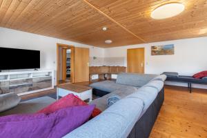 a living room with a couch and a flat screen tv at Fleischmannhof Do san ma dahoam in Falkenstein