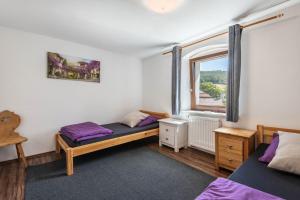 a bedroom with two beds and a window at Fleischmannhof Do san ma dahoam in Falkenstein