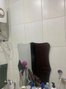 a mirror in a bathroom with a guitar in the corner at Lavanda City in Sevan