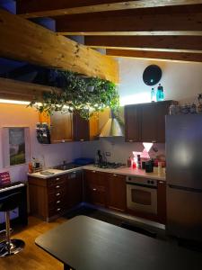 a kitchen with wooden cabinets and a refrigerator at Casa di Leo in Morbegno
