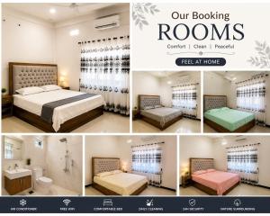 a collage of four pictures of a bedroom at MTR Guesthouse in Jaffna