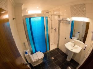 a bathroom with a shower and a toilet and a sink at Victoria Hotel Apartment in Addis Ababa +185 photos