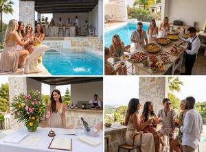 a collage of photos of a bride and groom and their wedding party at CocoHills in Monte Pego