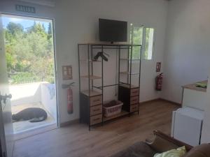 a living room with a tv and shelves and a window at CocoHills in Monte Pego
