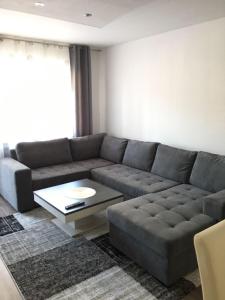 ein Wohnzimmer mit einem Sofa und einem Tisch in der Unterkunft Augsburger Apartment in Augsburg