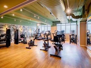 a gym with treadmills and exercise equipment in a room at Grand Mercure Rio de Janeiro Copacabana in Rio de Janeiro