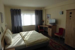 布亨的住宿－環球公園酒店，一间卧室配有一张床、一张书桌和一台电视