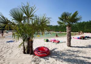 a beach with palm trees and a red object in the sand at Le Cocon de Galaure in Châteauneuf-de-Galaure