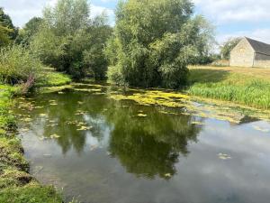 a river with lilies in the water and a building at Canutes Field bell tent in Nassington +6 photos