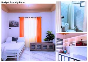 a bedroom with an orange curtain and a bed at MartiVille Residences in Gloria
