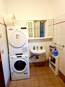 a bathroom with a washing machine and a sink at Bernina Stop & Go apartment - 30 steps to the red train in Tirano