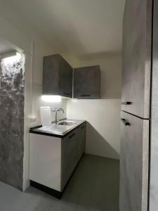 a small kitchen with a sink and a refrigerator at La Cascata in Valbrenta 