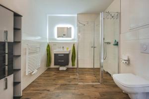 a bathroom with a shower and a toilet and a sink at An der Haffküste Meerzeit in Zirchow +22 photos
