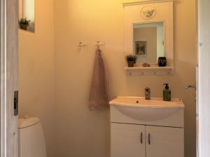 a bathroom with a sink and a mirror and a toilet at Sea & Mountain View 4 Bedroom in Leynar +12 photos