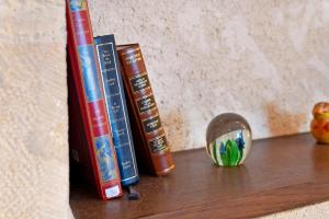 three books sitting on a shelf with a mirror at B&B La Demoiselle in Aignay-le-Duc