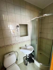 a bathroom with a toilet and a sink and a shower at Wypoczynek u Hajnosa in Białka Tatrzańska +26 photos