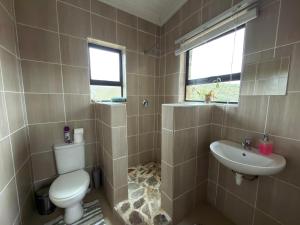 a bathroom with a toilet and a sink at Shama Lodge - "Silent Sunsets" Duplex Cottage in Steytlerville