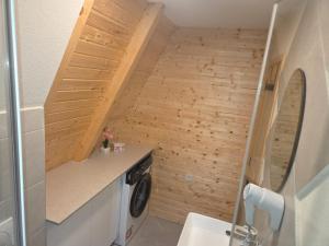 a small bathroom with a washer and dryer at durmitor's golden peace in Šavnik