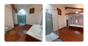 two pictures of a bathroom with a shower and a sink at Chambres d'hôtes le Brensole in Brens