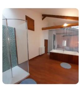 a room with a glass shower and a bed at Chambres d'hôtes le Brensole in Brens
