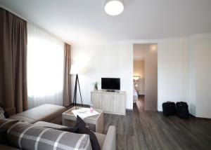 a living room with a couch and a tv at Schwarzwald Apartments Fürstenberg in Hüfingen
