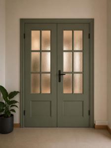 a green door with windows and a potted plant at Komfort Apartament Błonie 