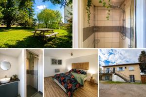 a collage of photos with a bedroom and a house at ''Le Nid du Forez'' appartement 2 chambres , parking gratuit ,terrasse privative in Prétieux