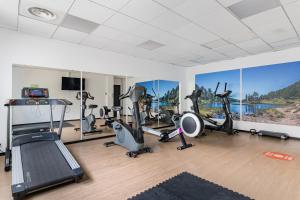 a gym with treadmills and exercise equipment in a room at Apparthotel Le Hüb Grenoble in Grenoble