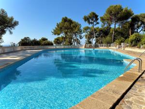 a large blue swimming pool with trees in the background at La Boîte Rose - Studio plage de l'Almanarre in Hyères