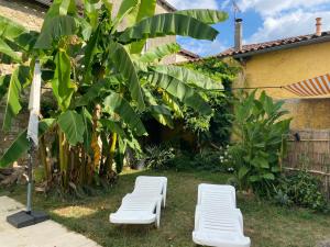 two white chairs in a yard next to a tree at Oasis de Vic in Vic-Fezensac
