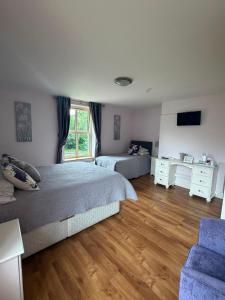 a bedroom with two beds and a television and a couch at The Twelve Oaks in Kenmare