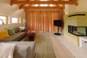 a living room with a couch and a fireplace at Eldehaus Plau am See klimatisiert in Plau am See