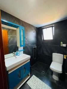 a bathroom with a sink and a toilet and a window at Vila Francesko in Ksamil +61 photos