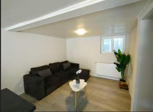 a living room with a black couch and a table at Appartement Bois de doubs in Pontarlier