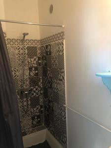 a bathroom with a shower with black and white tiles at Oasis de Vic in Vic-Fezensac +9 photos