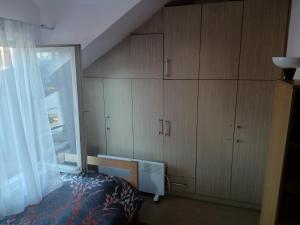 a bedroom with wooden cabinets and a window and a bed at Tiha noc apartmani in Belgrade