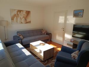 a living room with blue couches and a tv at Apartman Orhideja in Višegrad