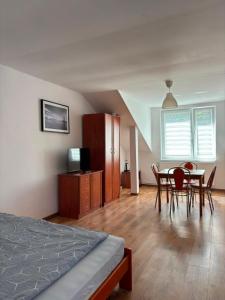 a bedroom with a bed and a table and chairs at Ośrodek Wczasowy Daga in Dziwnów