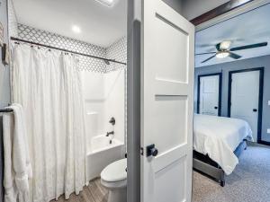 a bathroom with a toilet and a tub and a bed at New Luxury Lakefront Walk to Wisp in McHenry +39 photos