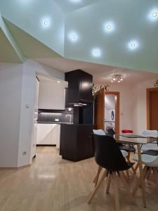 a kitchen and dining room with a table and chairs at Villa Shakira in Zissersdorf