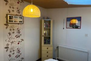 a bedroom with a book shelf and a lamp at Ferienwohnung 1 Gemutlich & komfortabel im Erdgeschoss in Borkum +2 photos