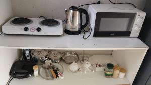 a kitchen counter with a stove and a microwave at NGEBE Lodge jozini in Jozini