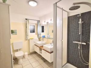 a bathroom with a toilet and a sink and a shower at Deichhof Whg 27 in Dunsum