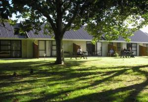 people sitting on benches under a tree in front of a building at Awatea Park Motel in Palmerston North