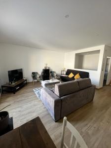 a living room with a couch and a tv at Saint Blaise in Les Herbiers