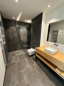 a bathroom with a sink and a toilet and a mirror at Er Rohellec in Baden +6 photos