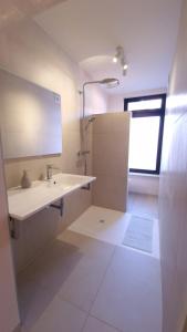 a white bathroom with a sink and a shower at Suite Stays Bruges - Pandreitje 6 in Bruges