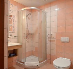 a bathroom with a shower with a toilet and a sink at Willa Focus in Mielno +79 photos
