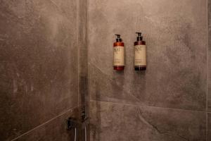two shampoo bottles sitting on a wall in a shower at valter rooms 2 in Castel del Piano +5 photos
